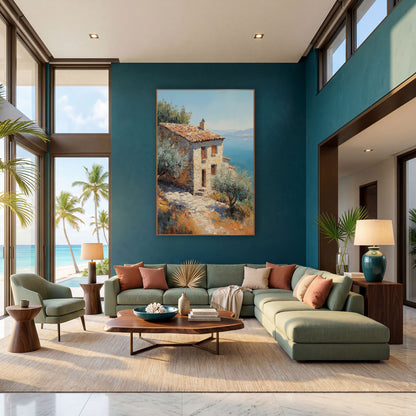 Terracotta Roof Cliffside Cottage Rustic wall art in a bright coastal-style room – stone cottage with orange tile roof