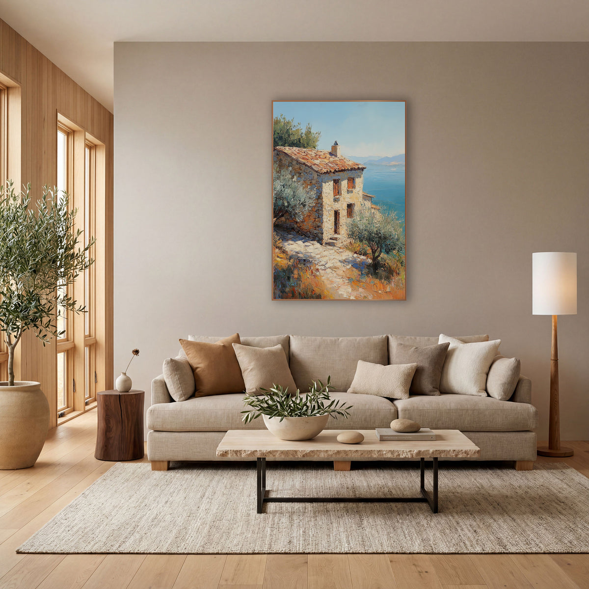 Terracotta Roof Cliffside Cottage Rustic wall art in a bright coastal-style room – stone cottage with orange tile roof