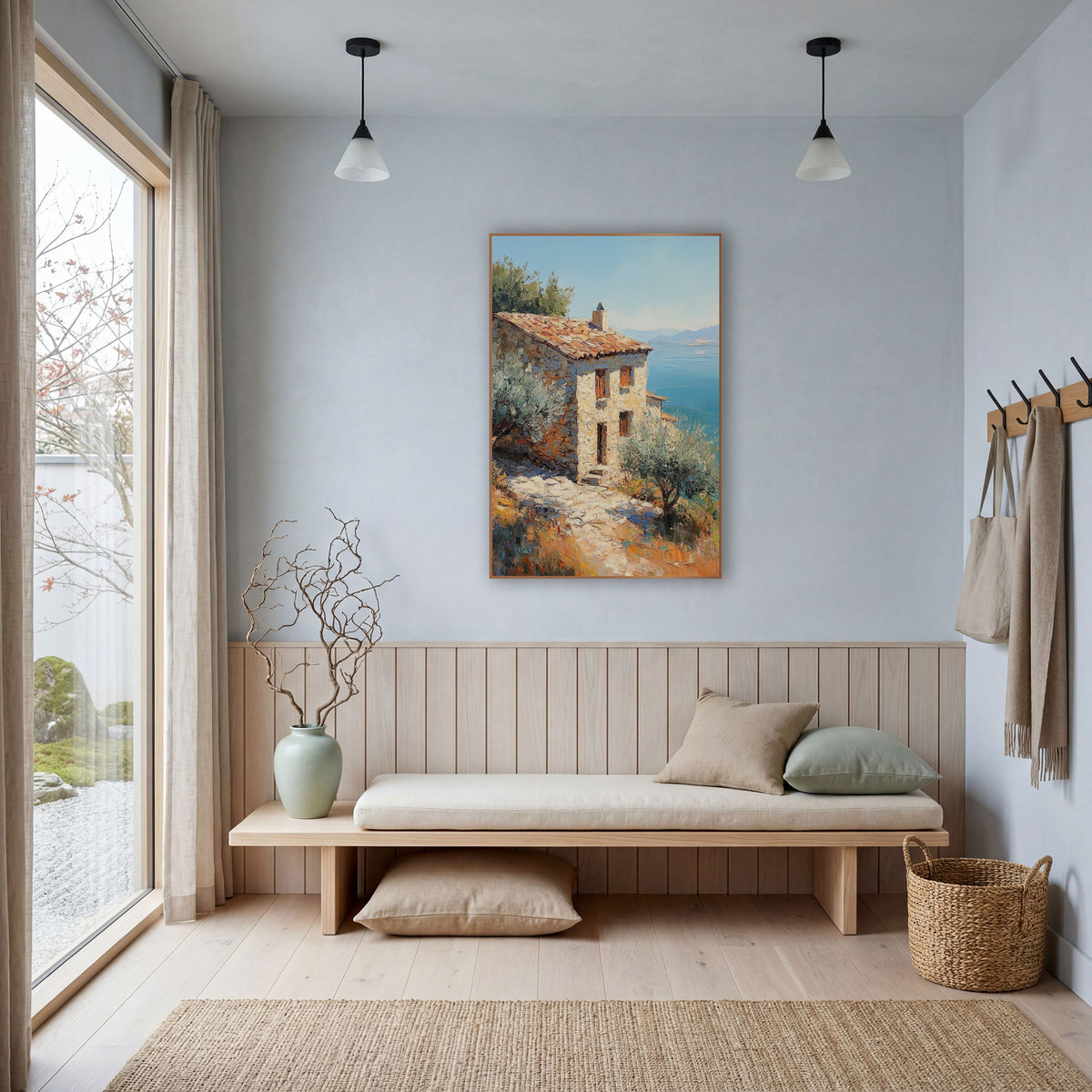 Terracotta Roof Cliffside Cottage Rustic wall art in a bright coastal-style room – stone cottage with orange tile roof