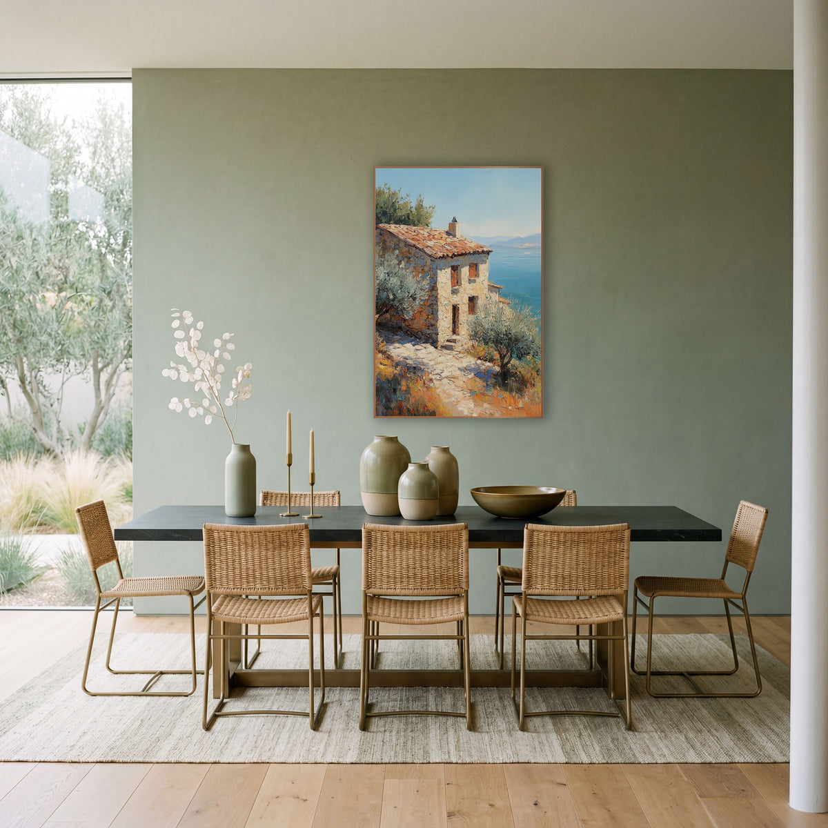 Terracotta Roof Cliffside Cottage Rustic wall art in a bright coastal-style room – stone cottage with orange tile roof