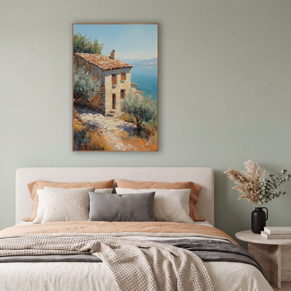 Terracotta Roof Cliffside Cottage Rustic wall art in a bright coastal-style room – stone cottage with orange tile roof
