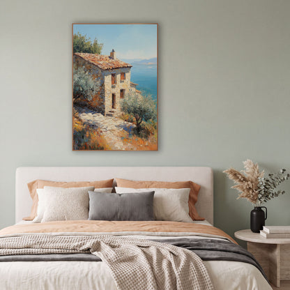 Terracotta Roof Cliffside Cottage Rustic wall art in a bright coastal-style room – stone cottage with orange tile roof