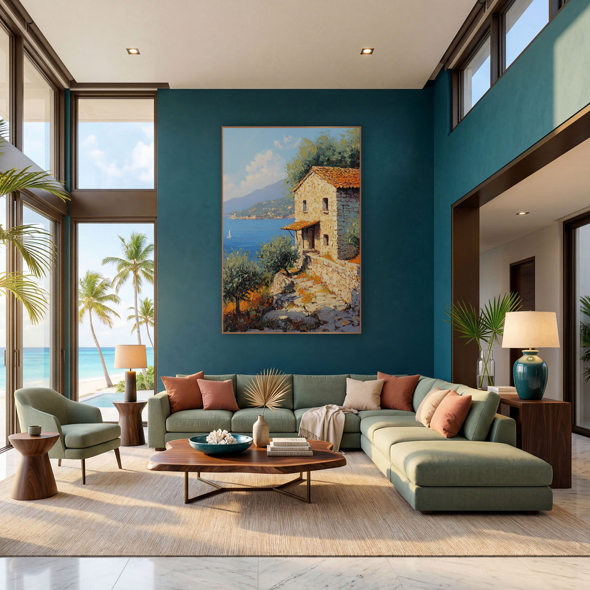 Sailboat Bay Stone Steps Cottage Coastal wall art in a bright coastal-style room – stone cottage with orange tile roof