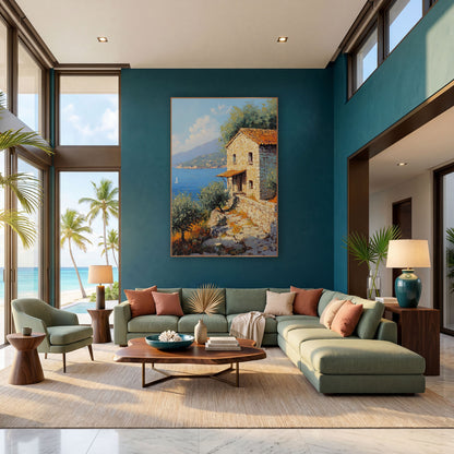 Sailboat Bay Stone Steps Cottage Coastal wall art in a bright coastal-style room – stone cottage with orange tile roof
