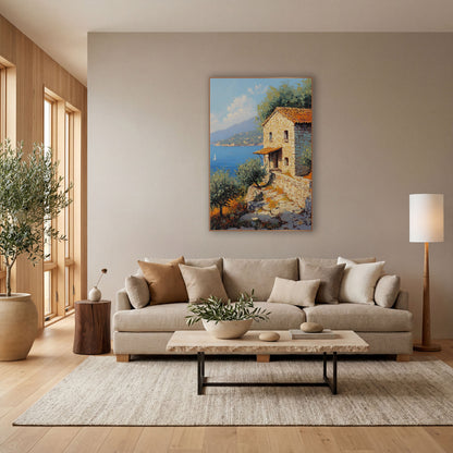 Sailboat Bay Stone Steps Cottage Coastal wall art in a bright coastal-style room – stone cottage with orange tile roof