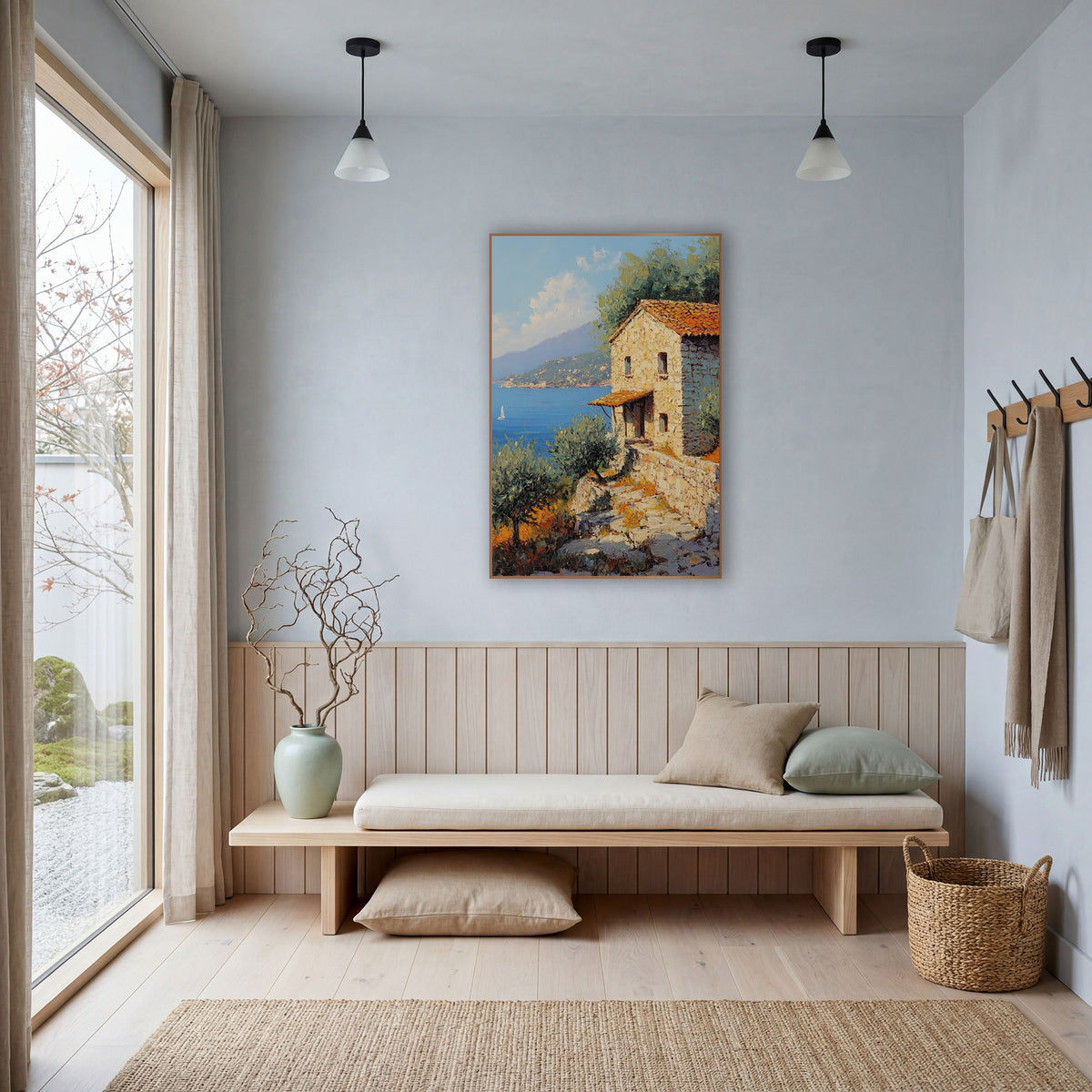 Sailboat Bay Stone Steps Cottage Coastal wall art in a bright coastal-style room – stone cottage with orange tile roof