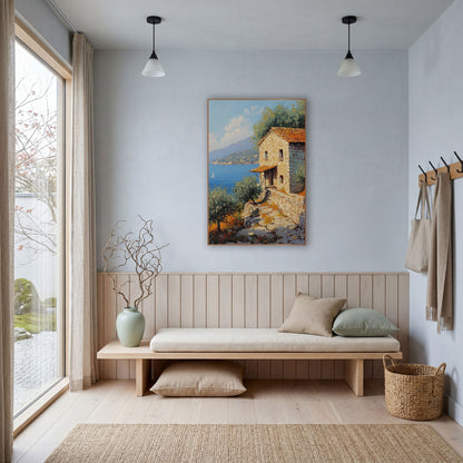 Sailboat Bay Stone Steps Cottage Coastal wall art in a bright coastal-style room – stone cottage with orange tile roof