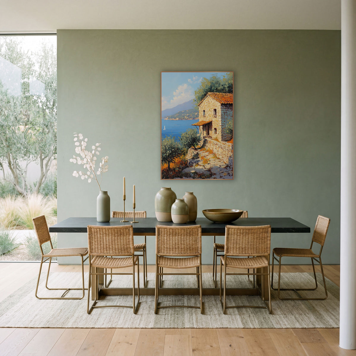 Sailboat Bay Stone Steps Cottage Coastal wall art in a bright coastal-style room – stone cottage with orange tile roof