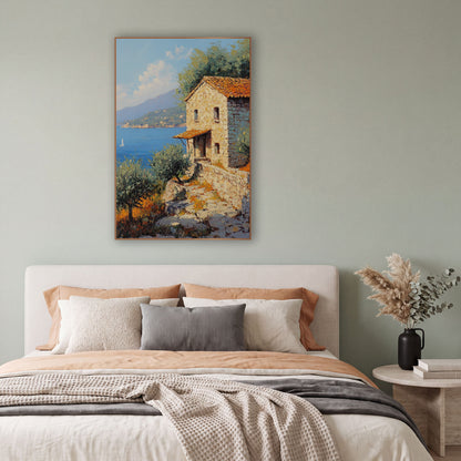 Sailboat Bay Stone Steps Cottage Coastal wall art in a bright coastal-style room – stone cottage with orange tile roof