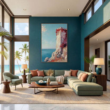 Crimson Ivy Coastal Tower wall art in a bright coastal-style room – cream stone tower with red vines on a rocky