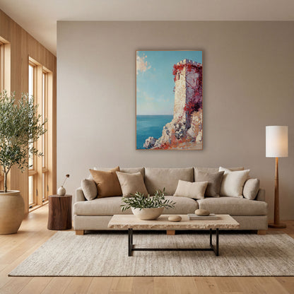 Crimson Ivy Coastal Tower wall art in a bright coastal-style room – cream stone tower with red vines on a rocky