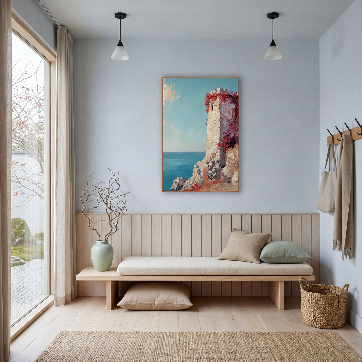 Crimson Ivy Coastal Tower wall art in a bright coastal-style room – cream stone tower with red vines on a rocky