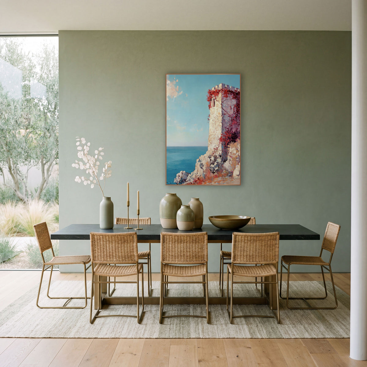 Crimson Ivy Coastal Tower wall art in a bright coastal-style room – cream stone tower with red vines on a rocky