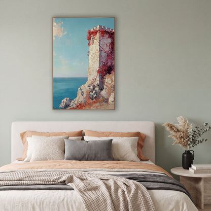 Crimson Ivy Coastal Tower wall art in a bright coastal-style room – cream stone tower with red vines on a rocky