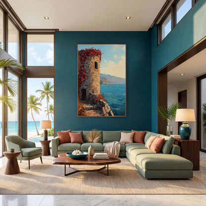 Red Vine Stone Tower Coastal wall art in a bright coastal-style room – round stone tower with red vines on a rocky