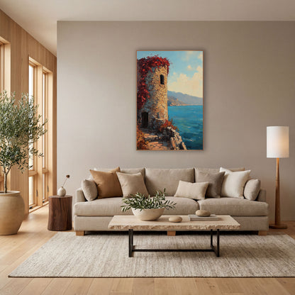 Red Vine Stone Tower Coastal wall art in a bright coastal-style room – round stone tower with red vines on a rocky