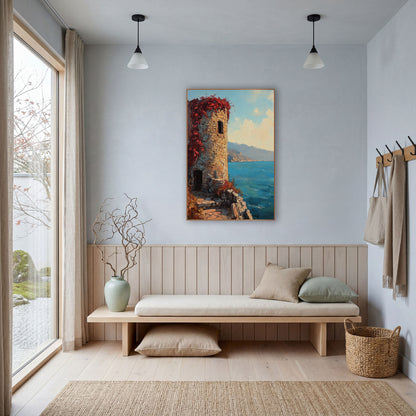Red Vine Stone Tower Coastal wall art in a bright coastal-style room – round stone tower with red vines on a rocky