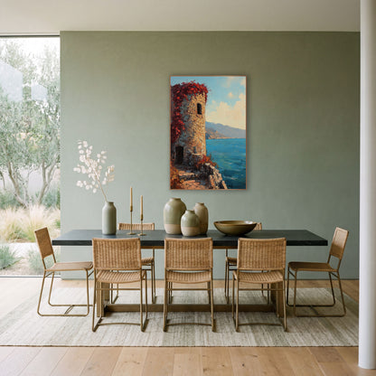 Red Vine Stone Tower Coastal wall art in a bright coastal-style room – round stone tower with red vines on a rocky