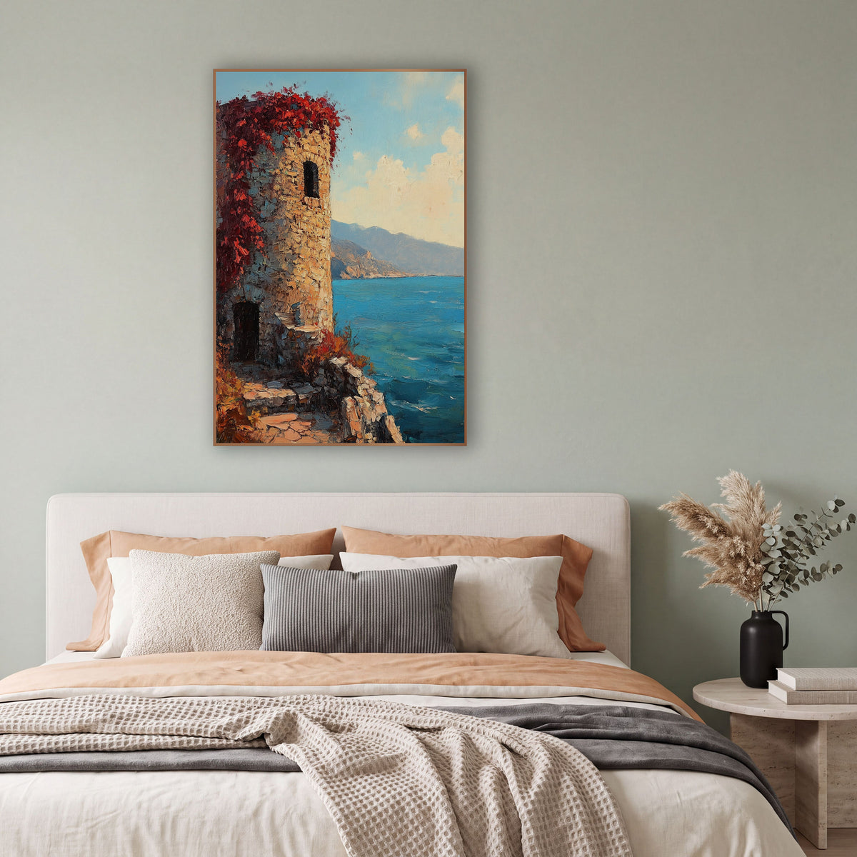 Red Vine Stone Tower Coastal wall art in a bright coastal-style room – round stone tower with red vines on a rocky