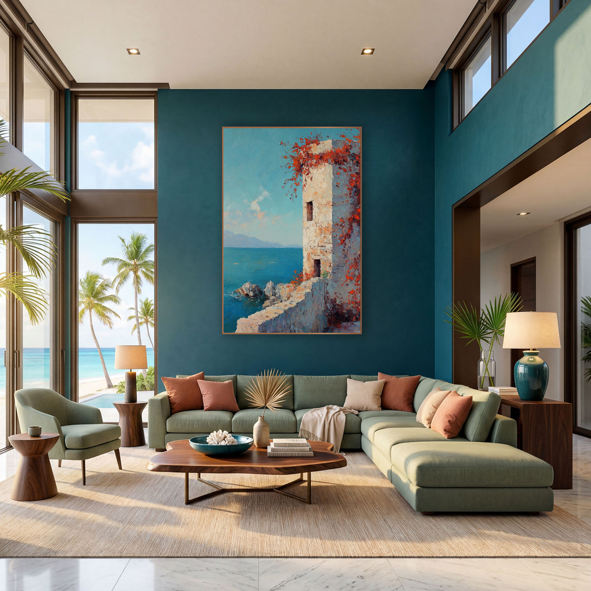 Seaside Stone Tower Red Vines Coastal wall art in a bright coastal-style room – pale stone tower with red-orange vines