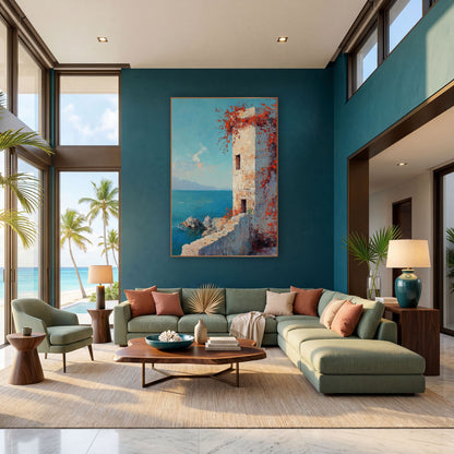 Seaside Stone Tower Red Vines Coastal wall art in a bright coastal-style room – pale stone tower with red-orange vines
