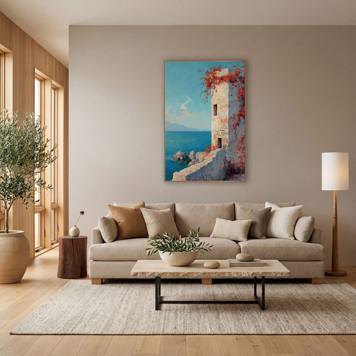 Seaside Stone Tower Red Vines Coastal wall art in a bright coastal-style room – pale stone tower with red-orange vines