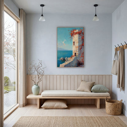 Seaside Stone Tower Red Vines Coastal wall art in a bright coastal-style room – pale stone tower with red-orange vines