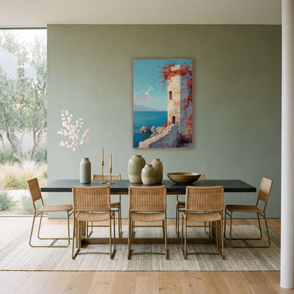 Seaside Stone Tower Red Vines Coastal wall art in a bright coastal-style room – pale stone tower with red-orange vines