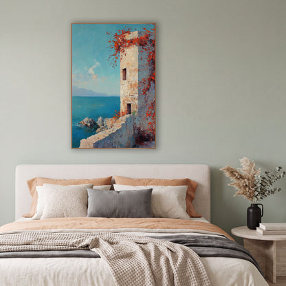 Seaside Stone Tower Red Vines Coastal wall art in a bright coastal-style room – pale stone tower with red-orange vines