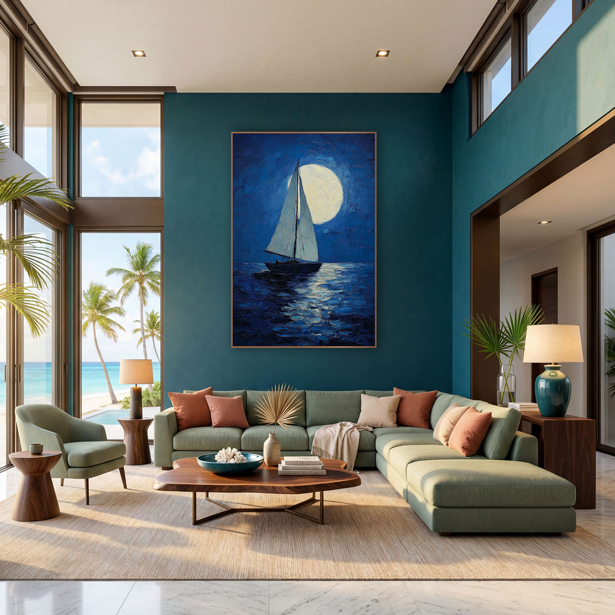 Lone Sloop Moonrise Coastal wall art in a bright coastal-style room – sailboat with two pale sails on dark blue water