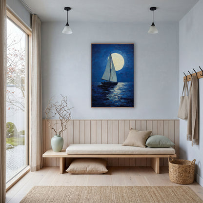 Lone Sloop Moonrise Coastal wall art in a bright coastal-style room – sailboat with two pale sails on dark blue water