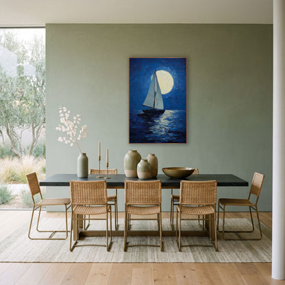 Lone Sloop Moonrise Coastal wall art in a bright coastal-style room – sailboat with two pale sails on dark blue water