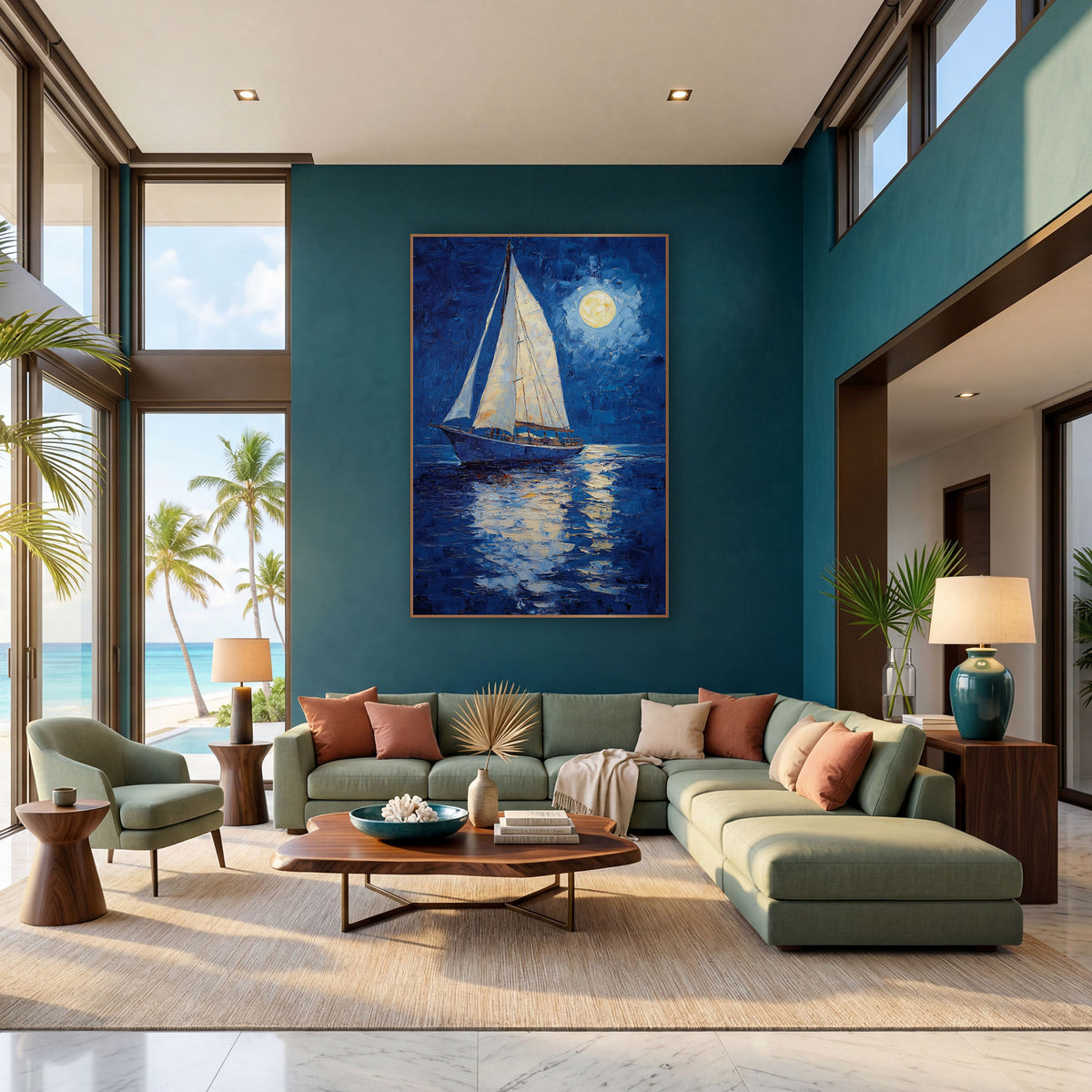 Sailboat Golden Moonpath Coastal wall art in a bright coastal-style room – sailboat with cream sails on deep blue