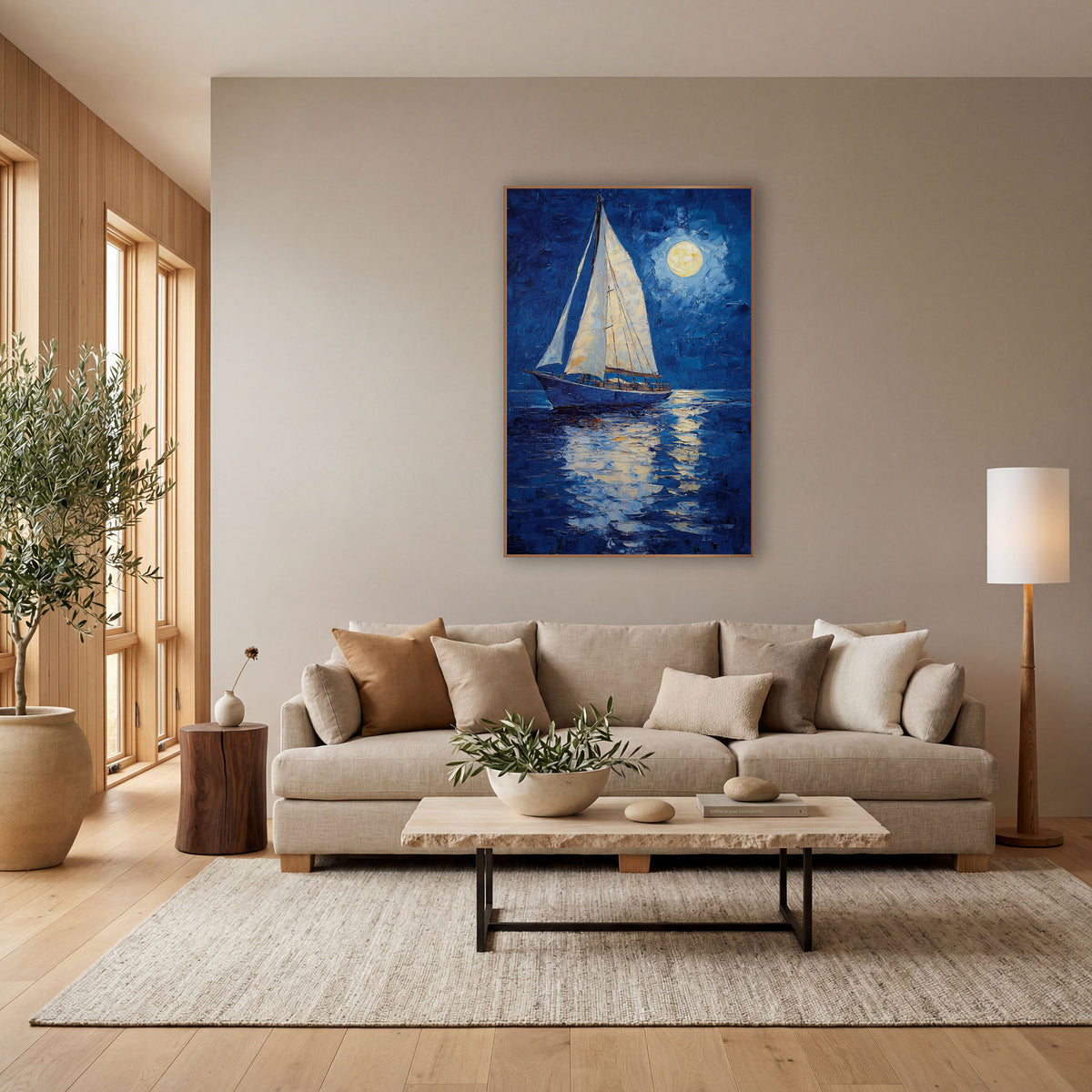 Sailboat Golden Moonpath Coastal wall art in a bright coastal-style room – sailboat with cream sails on deep blue