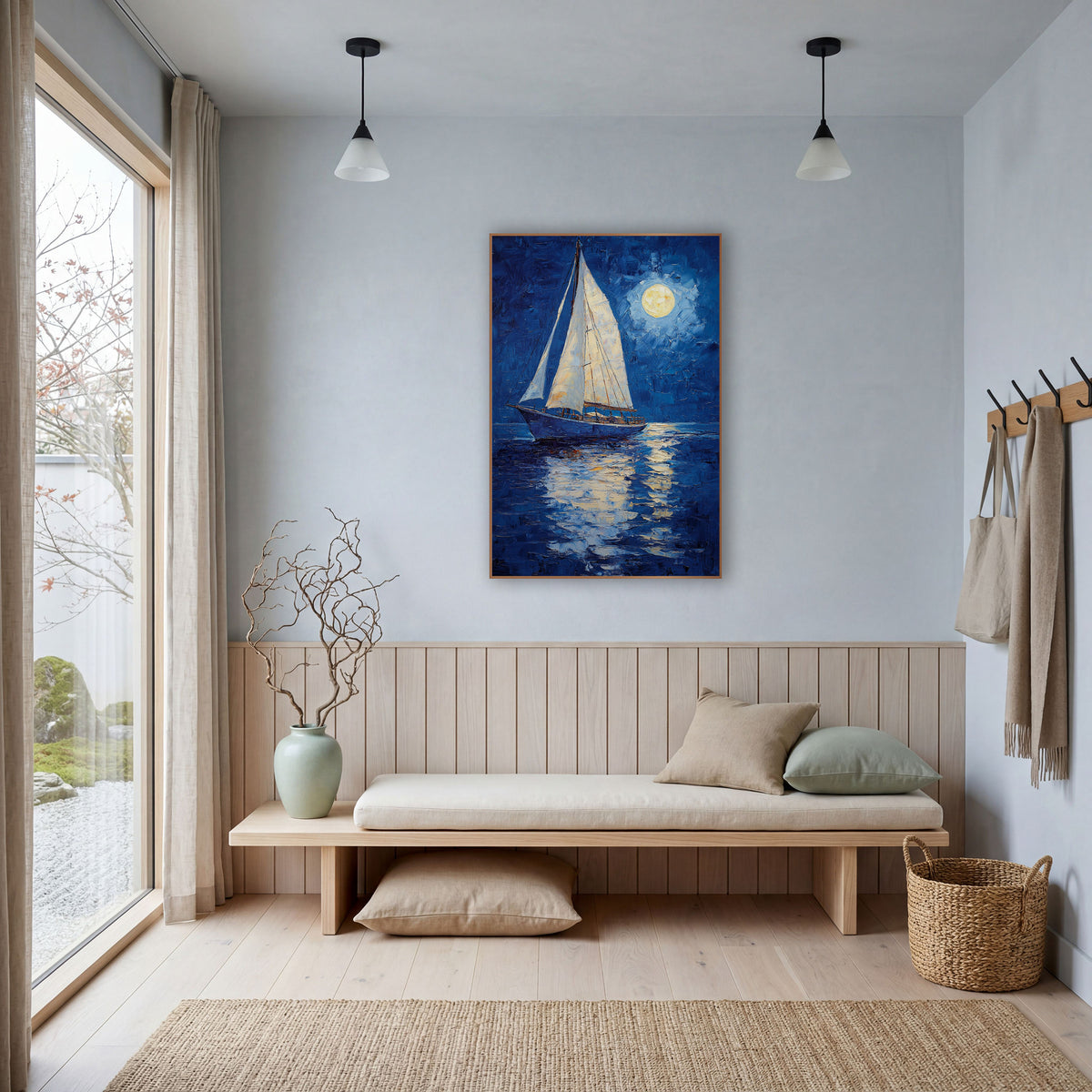 Sailboat Golden Moonpath Coastal wall art in a bright coastal-style room – sailboat with cream sails on deep blue
