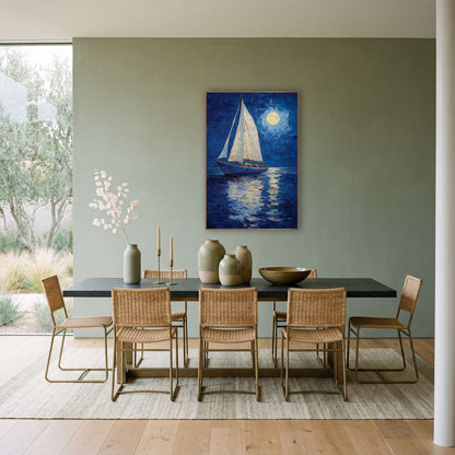 Sailboat Golden Moonpath Coastal wall art in a bright coastal-style room – sailboat with cream sails on deep blue