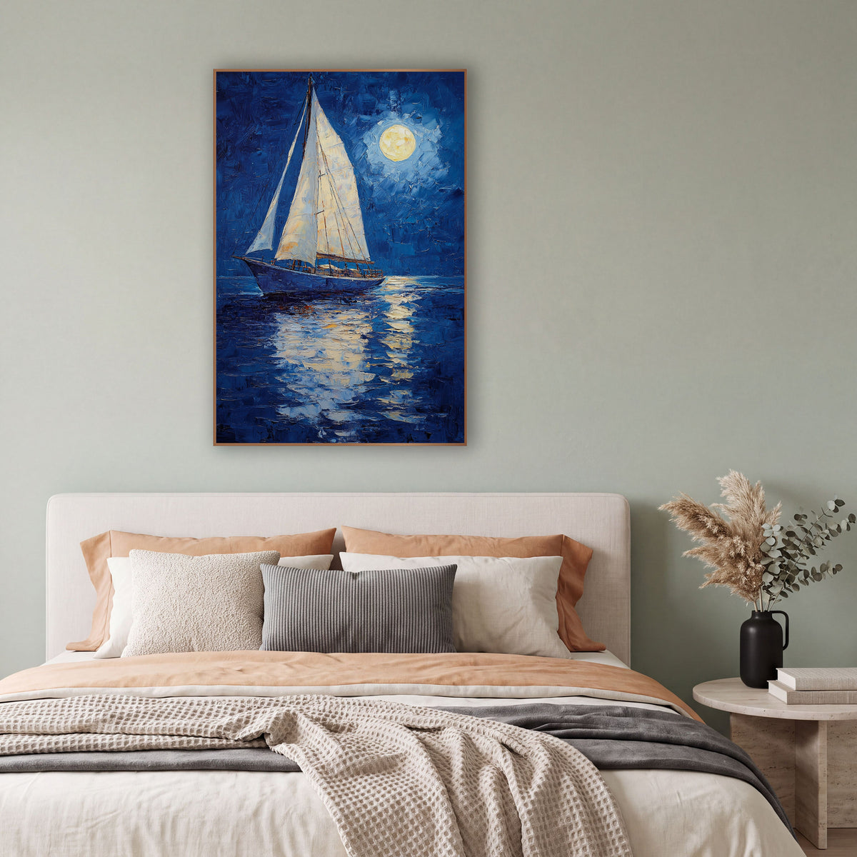 Sailboat Golden Moonpath Coastal wall art in a bright coastal-style room – sailboat with cream sails on deep blue