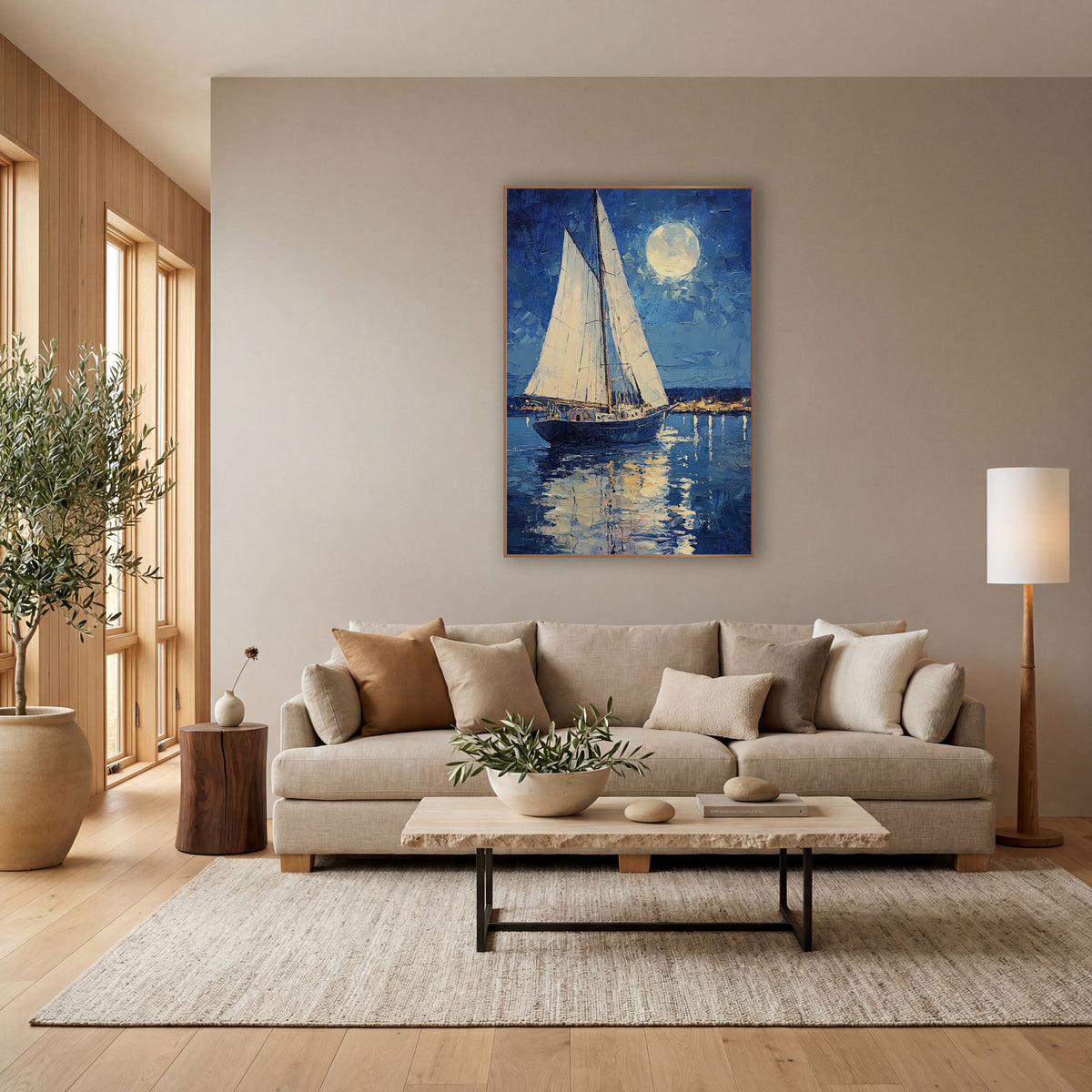 Sailboat Harbor Lights Coastal wall art in a bright coastal-style room – white sailboat on calm blue water
