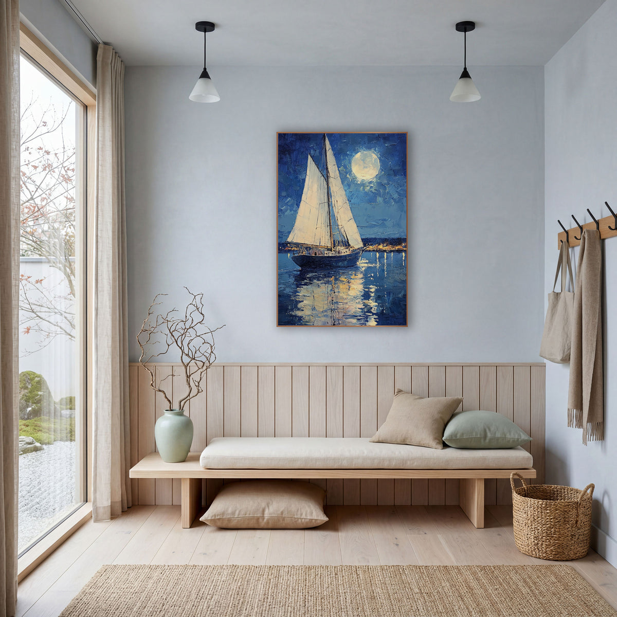 Sailboat Harbor Lights Coastal wall art in a bright coastal-style room – white sailboat on calm blue water