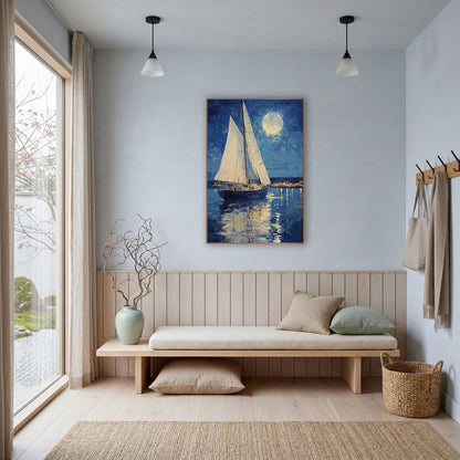 Sailboat Harbor Lights Coastal wall art in a bright coastal-style room – white sailboat on calm blue water