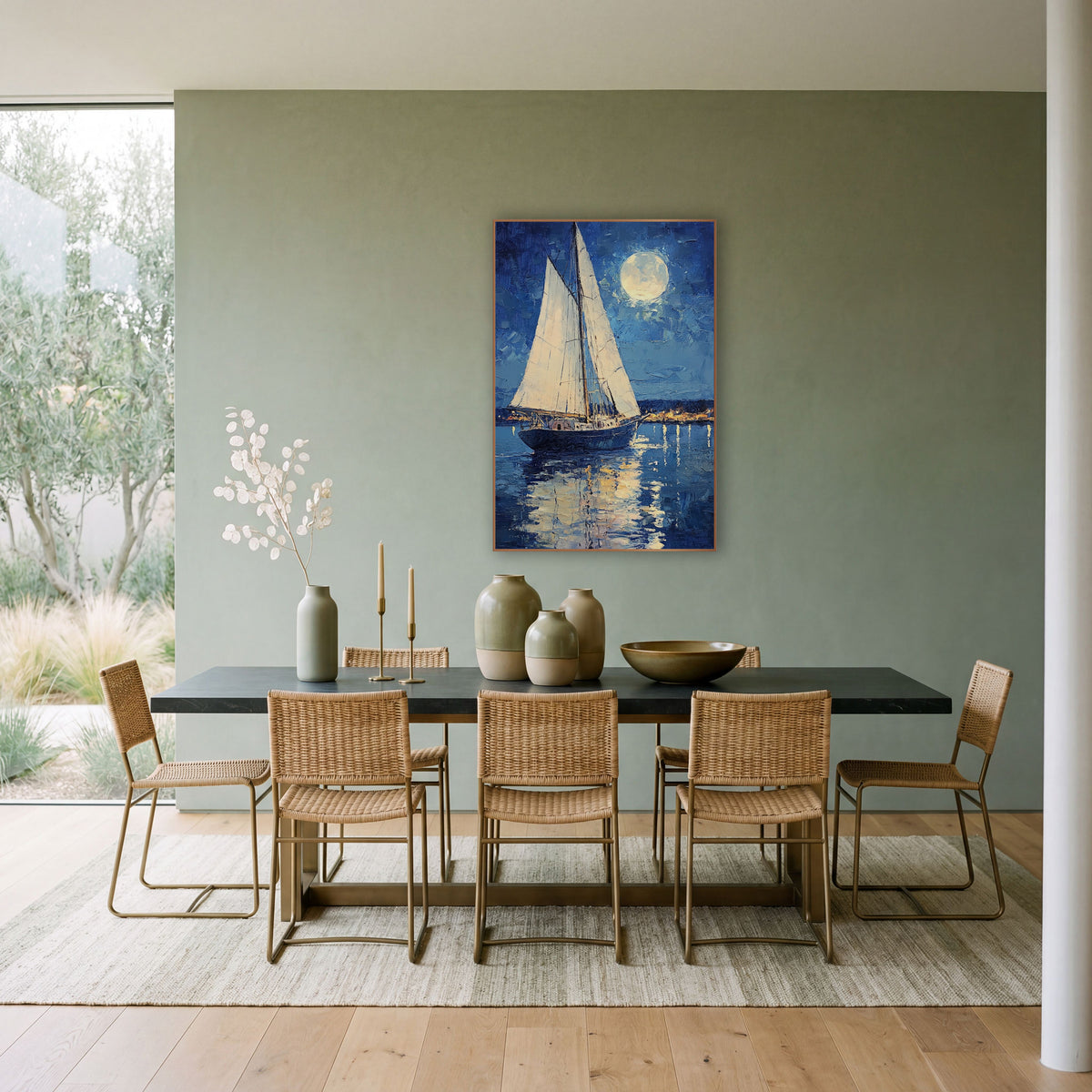 Sailboat Harbor Lights Coastal wall art in a bright coastal-style room – white sailboat on calm blue water