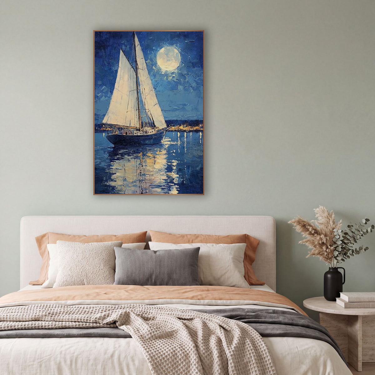 Sailboat Harbor Lights Coastal wall art in a bright coastal-style room – white sailboat on calm blue water
