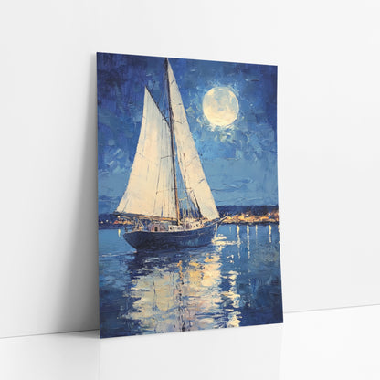 Sailboat Harbor Lights Coastal art print leaning against a white wall – white sailboat on calm blue water under a glowing