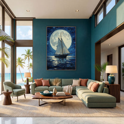 Tall Ship Supermoon Classic wall art in a bright coastal-style room – sailboat with white sails on dark blue water