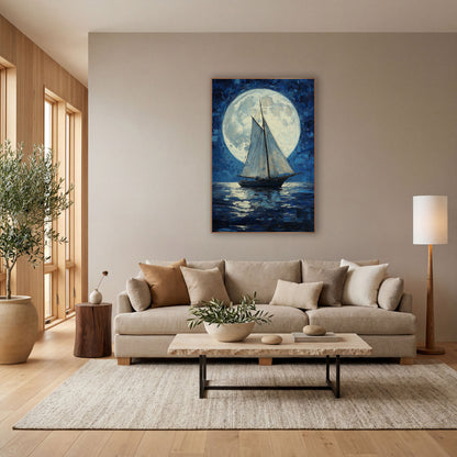 Tall Ship Supermoon Classic wall art in a bright coastal-style room – sailboat with white sails on dark blue water