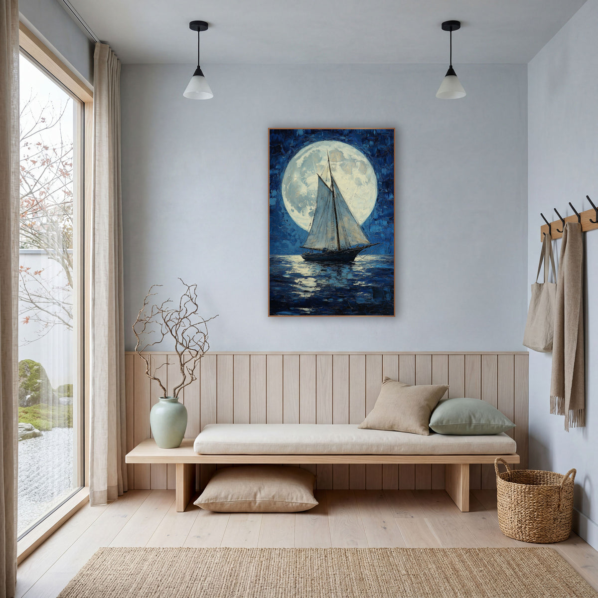 Tall Ship Supermoon Classic wall art in a bright coastal-style room – sailboat with white sails on dark blue water