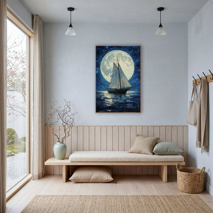 Tall Ship Supermoon Classic wall art in a bright coastal-style room – sailboat with white sails on dark blue water