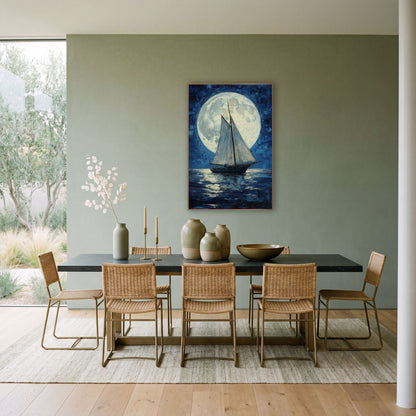 Tall Ship Supermoon Classic wall art in a bright coastal-style room – sailboat with white sails on dark blue water
