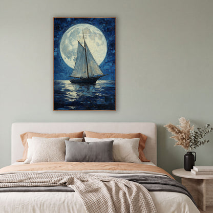Tall Ship Supermoon Classic wall art in a bright coastal-style room – sailboat with white sails on dark blue water
