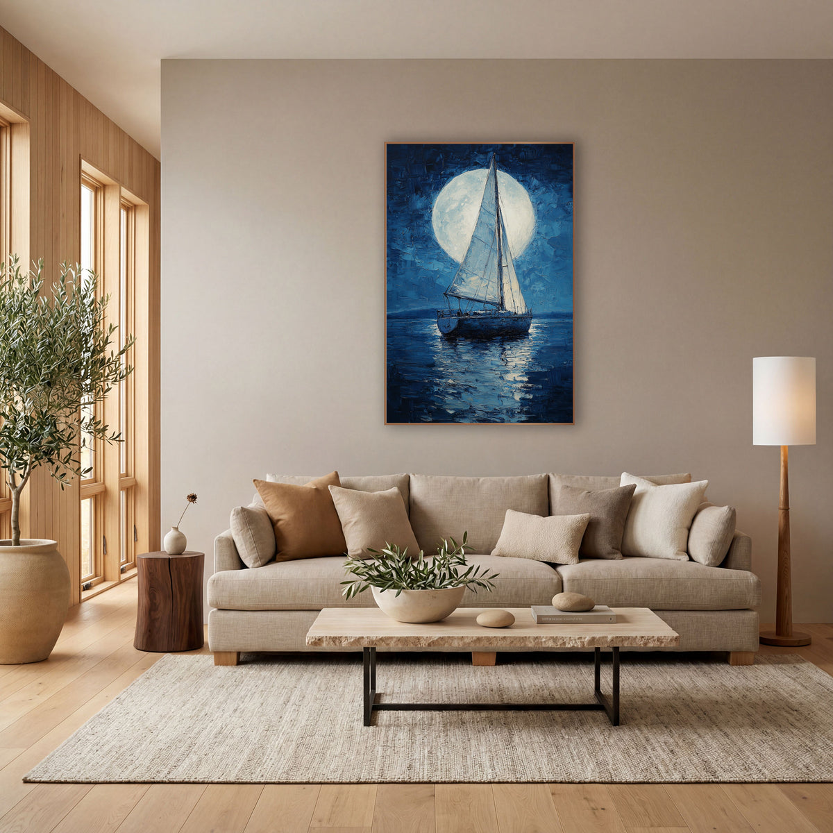 Sailboat Giant Moon Modern wall art in a bright coastal-style room – sailboat on dark navy water in front of a large